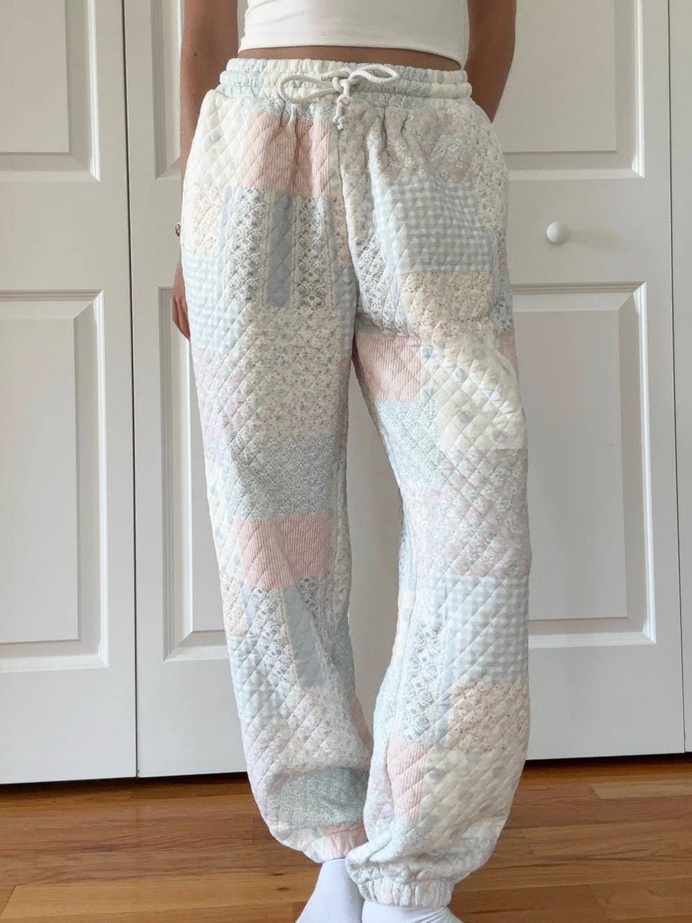 Quilted Pastel Patch Joggers — Light Blue, Pink & Cream